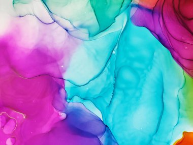 Renkli doku. Gökkuşağı lekeleri. Alkol İndigo Damlaları. Okyanus rengi sıçraması. Altın Çizgiler Gouache çizildi. Narin Işık. Motley parlak sıvı. Bulutlar Makro.