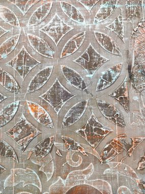 Geometrik Arap Yardım Örgütü. Duvarda kirli alçı deseni var. Sefil Vintage Arabesk Şablonu. Eski dekoratif duvar süsü. Grunge eski püskü süs. İtalyan Antika Duvar Kağıdı.