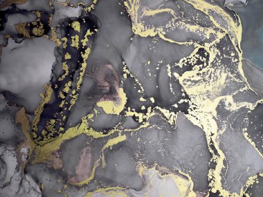 Siyah ve Altın Alkol Mürekkebi. Altın Görüntü. Splash Art Gouache çizilmiş. Görünüşte Boya. Eğlenceli bir arka plan. Jeot Kova çizildi. Siyah Üzerine Altın Boşanmalar.