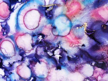 Kartlar için arka plan. Gökkuşağı Damlaları. Violet Spot. Hassas Bright. Motley Aquamarine izi. Altın Çizgili Gouache Görüntü. Alkol Karşıtlığı Pigmenti. Pastayı Yıka.