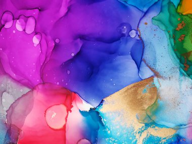 Alkol İllüstrasyonu. Işık duvar kâğıdı. Alkol Mürekkebi Gökyüzü Renkli Boşanma. Hassas lacivert. Altın Çizgili Kova. Gökkuşağı lekeleri. Motley Okyanusu renk sıvısı. Vintage Özeti.