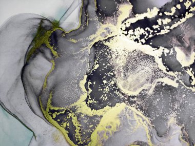 Siyah ve Altın Alkol Mürekkebi. Soyut suluboya boya. Sıvı boya. Modern Arkaplan. Altın Leke. Sanat eseri Meteor El Çizimi. Siyah Üzerine Altın Boşanmalar.