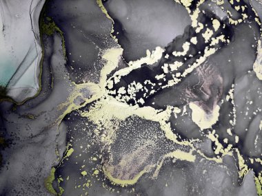 Siyah ve Altın Alkol Mürekkebi. Tablo boyası. Altın Boşanmalar. İzole Aquarelle. Girdap Modern Arkaplan. Gezegen Mürekkep Boyası. Siyah Üzerine Altın Boşanmalar.