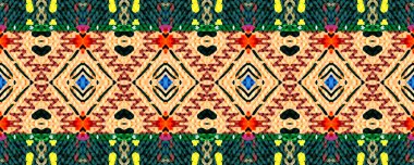 Kusursuz desen Ikat. Gökyüzü, Pembe ve Kahverengi elementler Kömür ile. Aquarelle Japon Tekstil Dekorasyonu. El yapımı halı dekoru Grunge stili. Renkli Modern ikat.