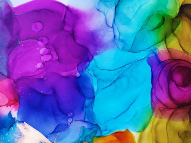 Mürekkep Yıkama Pastası. Gökkuşağı Boşanması. Alkol Mürekkebi Beyaz Pigment. Hassas Azure. Mor renk. Motley Su birikintisi. Altın çizgiler suluboya bulanıklığı. Alkol Mürekkebi dokusu.