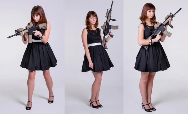 Collage, chica en vestido negro con rifle — Foto de Stock
