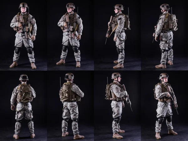 Collage, soldado con pistola — Foto de Stock