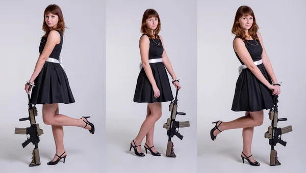 Chica joven posando con pistola.Collage — Foto de Stock