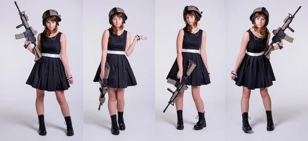 Funny young girl with gun.Collage