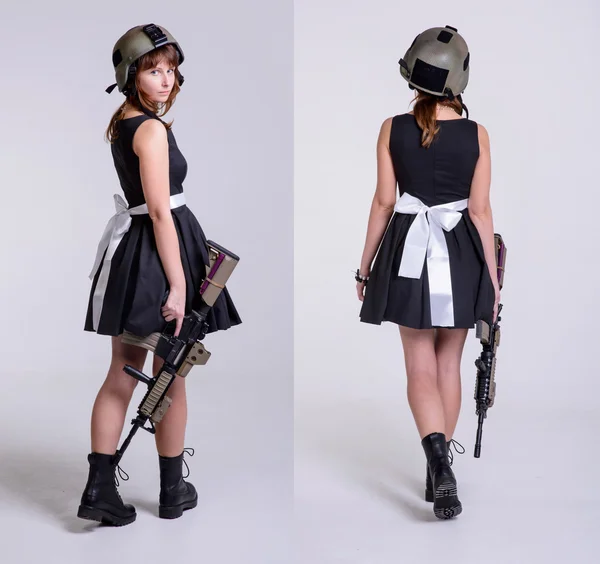 Chica joven con rifle.Collage — Foto de Stock