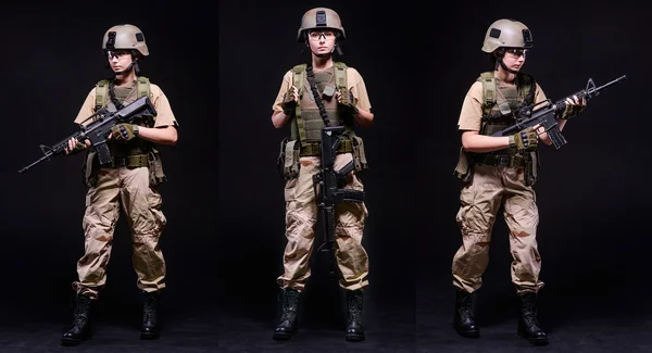 Young girl with gun in different poses.Collage — Stock Photo, Image