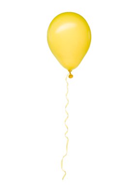 Beyaz zemin üzerinde uçan kurdeleli sarı balon