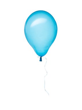 Beyaz zemin üzerinde uçan kurdeleli mavi şeffaf balon