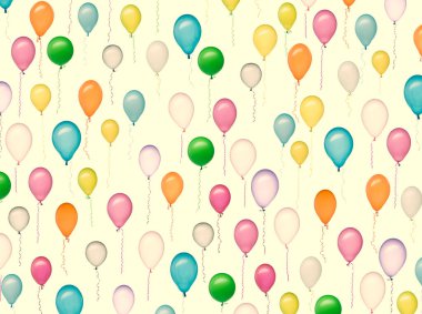 Beyaz zemin üzerinde renkli hava balonlarından yapılmış düzenlenmiş desenli retro pastel ambalaj kağıdı