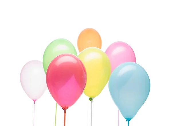 Imagem Paisagem Grupo Balões Coloridos Varas Cores Diferentes Fundo Branco — Fotografia de Stock