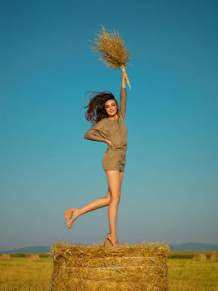 Feliz Joven Mujer Saltar Pila Heno —  Fotos de Stock