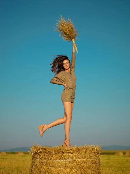 Happy Young Woman Jumping Hay Stack Stock Picture