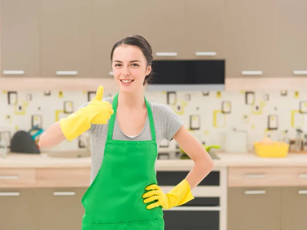 Cleaning Woman Happy Excited Standing Kitchen Showing Thumb — Stock Photo, Image