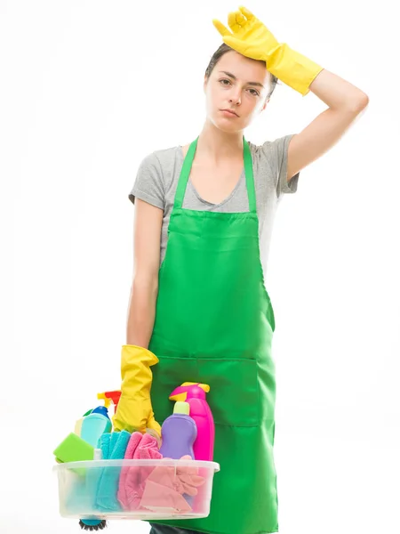 Young Tired Caucasian Woman Holding Cleaning Supplies White Background — Stock Photo, Image