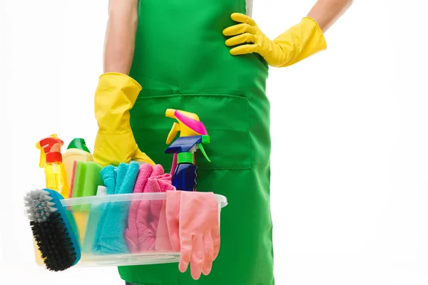 Close Caucasian Cleaning Lady Holding Basin Cleaning Supplies White Background — Stock Photo, Image