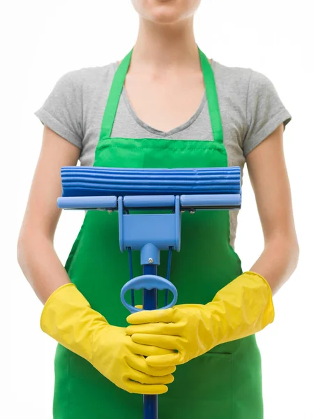 Close Cleaning Lady Holding Mop Front Her White Background — Stock Photo, Image