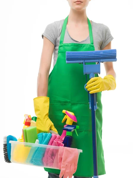 Caucasian Woman Wearing Apron Holding Cleaning Supplies Mop White Background — Stock Photo, Image