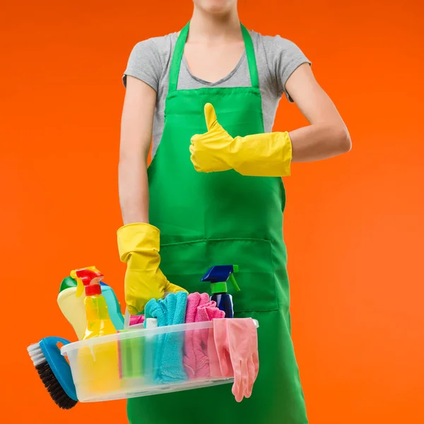 Cleaning Lady Holding Supplies Showing Thumb — Stock Photo, Image