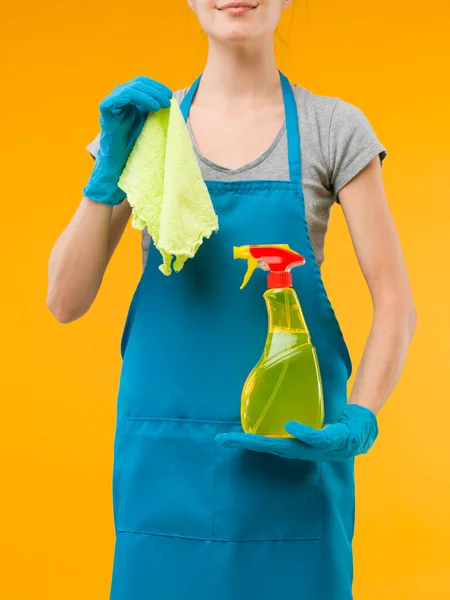 Happy Woman Showing Cleaning Equipment Yellow Background — Stock Photo, Image