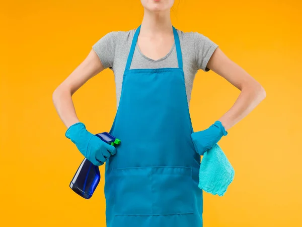 Woman Standing Holding Cleaning Equipment Both Hands Yellow Background — Stock Photo, Image