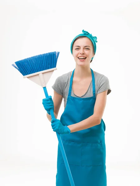 Happy Cleaning Lady Standing Holding Broom Laughing Isolated White Background — Stock Photo, Image