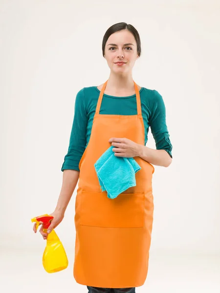Happy Caucasian Cleaning Woman Standing Holding Cleaning Products Isolated White — Stock Photo, Image
