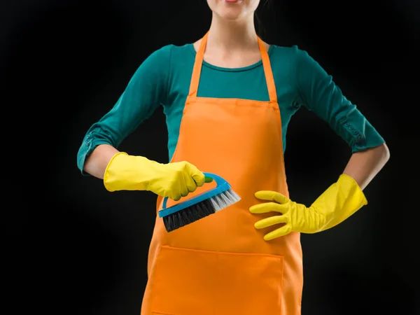 Cleaning Woman Holding Carpet Brush Black Background — Stock Photo, Image