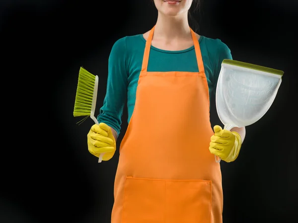 Close Cleaning Woman Holding Sweeping Brush Dustpan — Stock Photo, Image