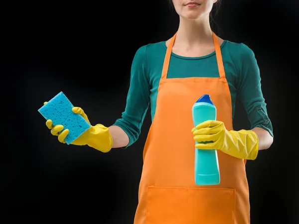 Housewife Holding Bottle Cleaning Detergent Sponge Black Background — Stock Photo, Image