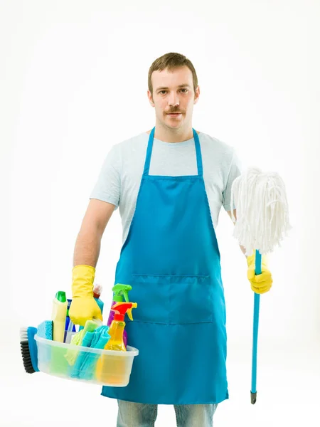 Handsome Man Holding Cleaning Supplies Mop White Background — Stock Photo, Image