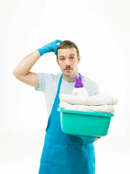 Caucasian Man Holding Basket Laundry White Background Thinking Gesture — Stock Photo, Image