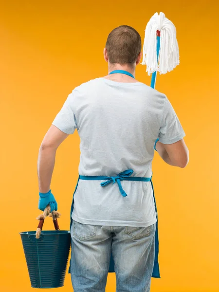 Back View Caucasian Male Cleaner Holding Mop Bucket Yellow Background — Stock Photo, Image