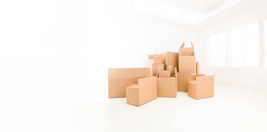 Boş evdeki kutuları taşıyorlar. kopyalama alanı