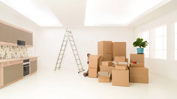 Montón Cajas Cartón Apiladas Casa Nueva Espacio Copia Disponible — Foto de Stock