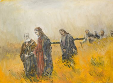 Yağlı boya tablo dini bir sahneyi gösteriyor, İsa ve havarileri bir çayırda