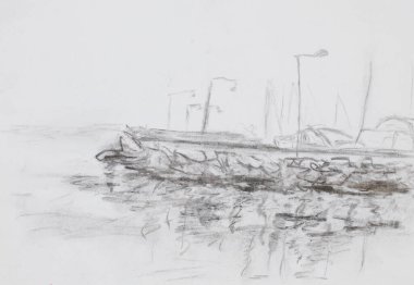 Kalem tekniğinde bir rıhtımın el çizimi.