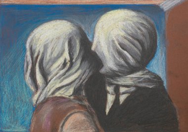 Pastel reprodüksiyon Magritte 'in ünlü tablosundan sonra Aşıklar öpücüğü