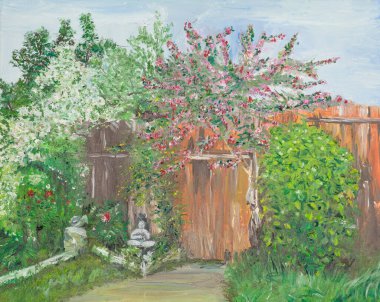 Yağlı boya resim çiçek açan ağaçlar ve canlı renklerle dolu bir arka bahçeyi gösteriyor.