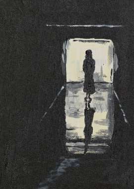 Yağlı boya resim, koridordaki bir kızın siluetini gösteriyor.