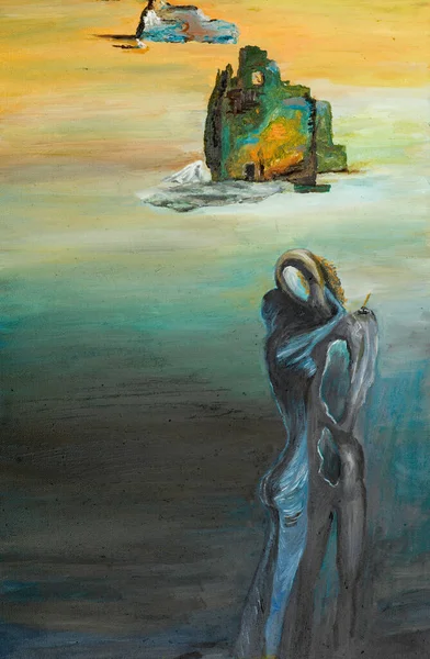 Oil Painting Illustrating Surreal Scene Two People Embracing Each Other — Stock Photo, Image