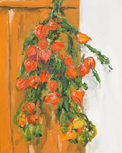 Hand Getekend Aquarel Schilderij Van Stilleven Met Oranje Fysalis Bloemen — Stockfoto
