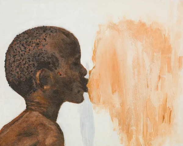 Peinture Acrylique Dessinée Main Garçon Africain Embrassant Une Fille — Photo