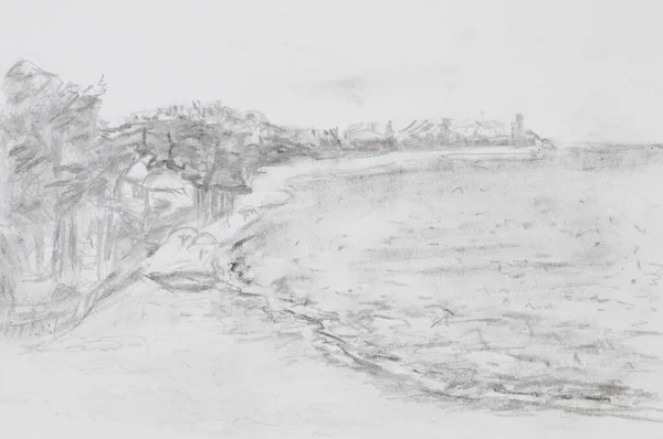 手描きの海辺の風景鉛筆画 — ストック写真