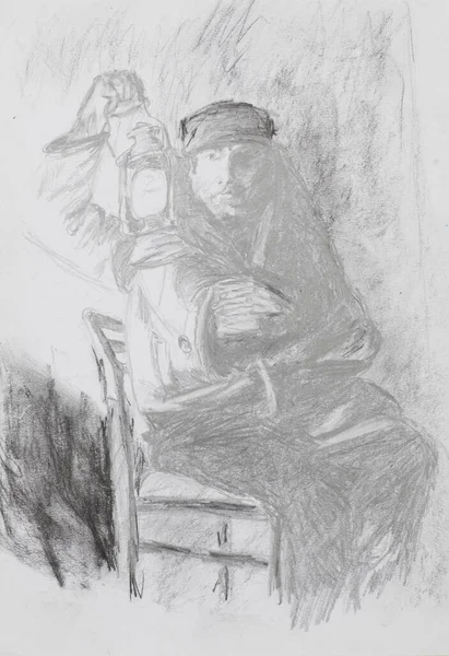 椅子に座った男の手描きのスケッチやヴィンテージの提灯や鉛筆の技法を持ち — ストック写真