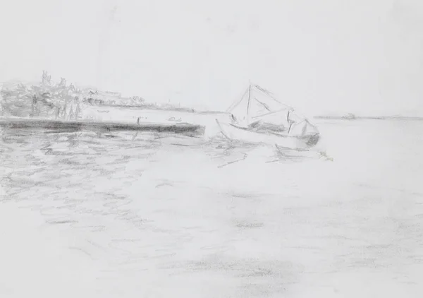 ドックの近くの海に帆船の手描きのスケッチ鉛筆の技法 — ストック写真